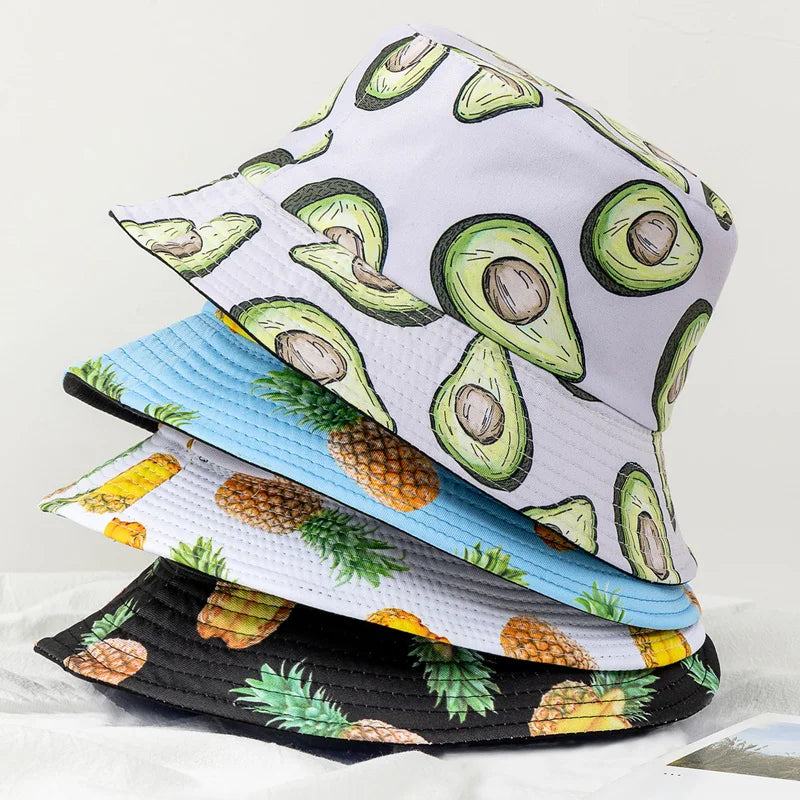 Bucket Hats with fruit and other stuff