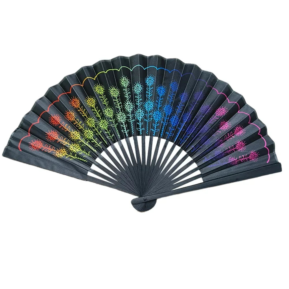 23cm Classic Folding Fan Print Black Bamboo Bone Fan Hand Fans Rainbow Cooling Handheld Fan Festival Performance Dance Fan Gifts