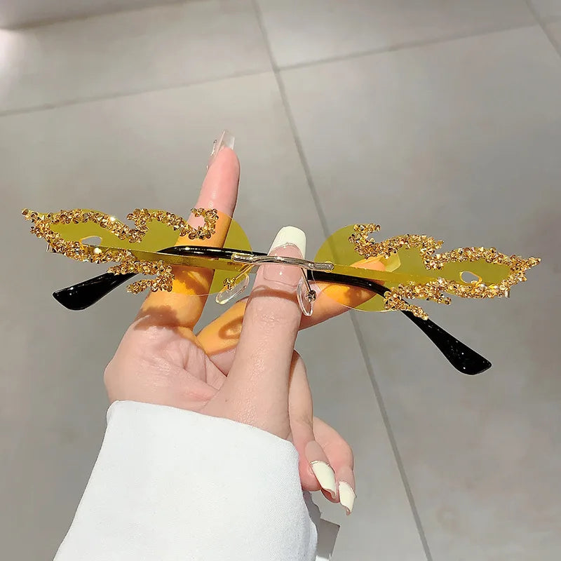 Flame Shaped Sunglasses with Rhinestones Fashion Candy Color Rave Shades Sun Glasses for Men UV400 Rimless Crystal Metal Shades