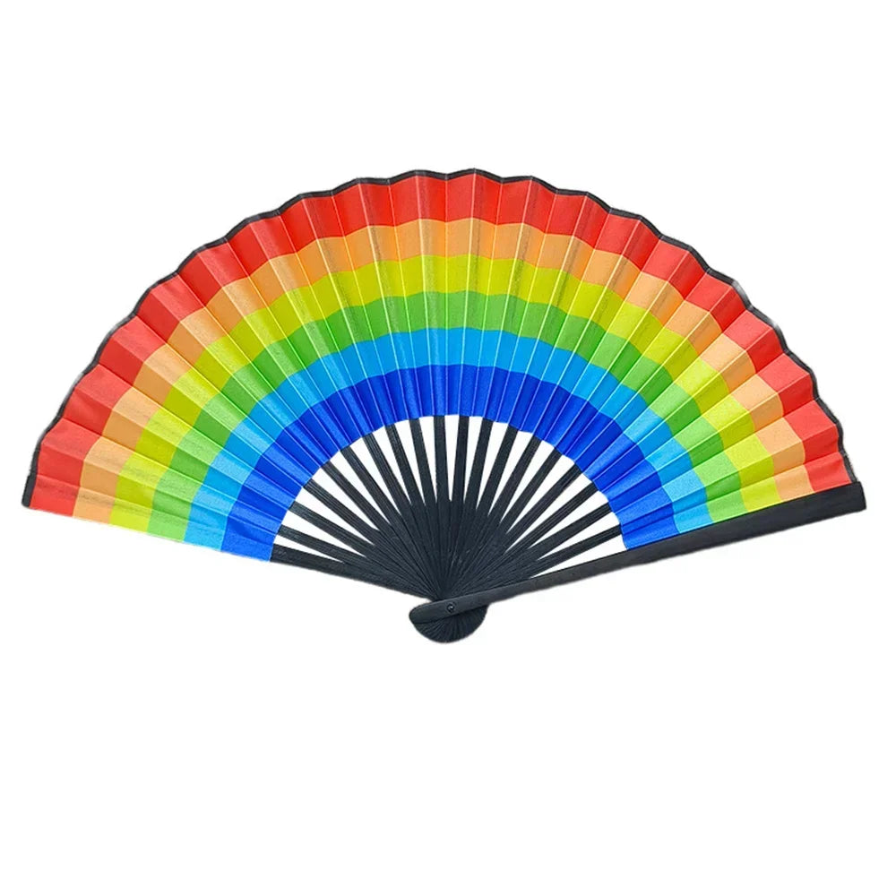 23cm Classic Folding Fan Print Black Bamboo Bone Fan Hand Fans Rainbow Cooling Handheld Fan Festival Performance Dance Fan Gifts