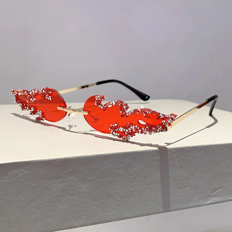 Flame Shaped Sunglasses with Rhinestones Fashion Candy Color Rave Shades Sun Glasses for Men UV400 Rimless Crystal Metal Shades