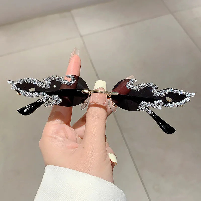 Flame Shaped Sunglasses with Rhinestones Fashion Candy Color Rave Shades Sun Glasses for Men UV400 Rimless Crystal Metal Shades
