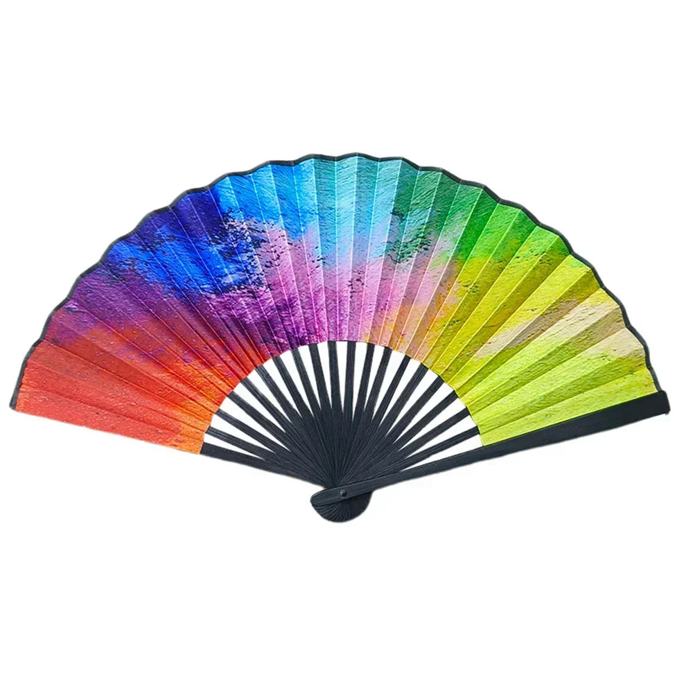 23cm Classic Folding Fan Print Black Bamboo Bone Fan Hand Fans Rainbow Cooling Handheld Fan Festival Performance Dance Fan Gifts