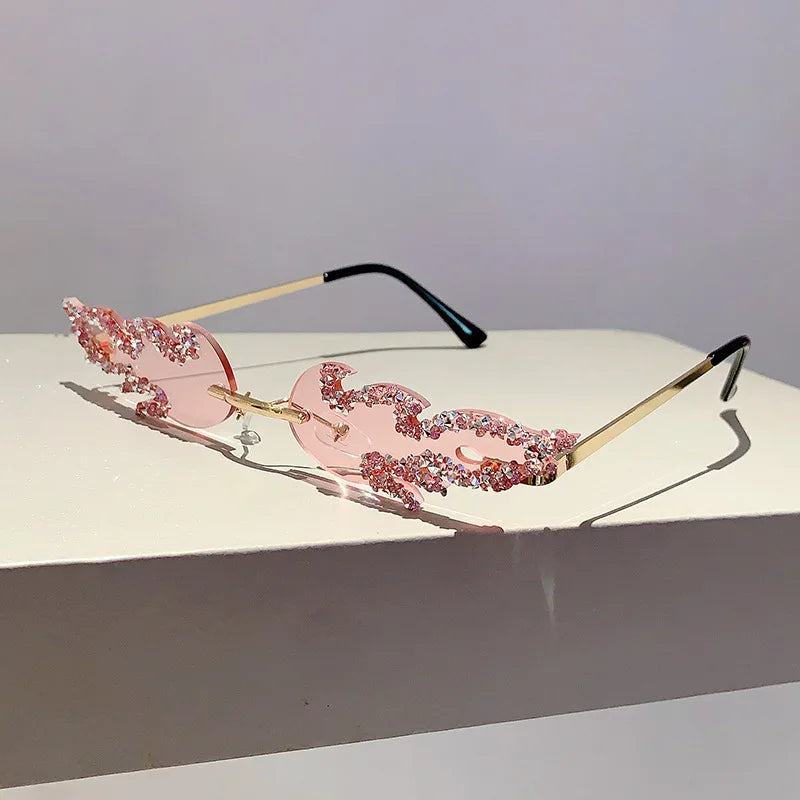 Flame Shaped Sunglasses with Rhinestones Fashion Candy Color Rave Shades Sun Glasses for Men UV400 Rimless Crystal Metal Shades