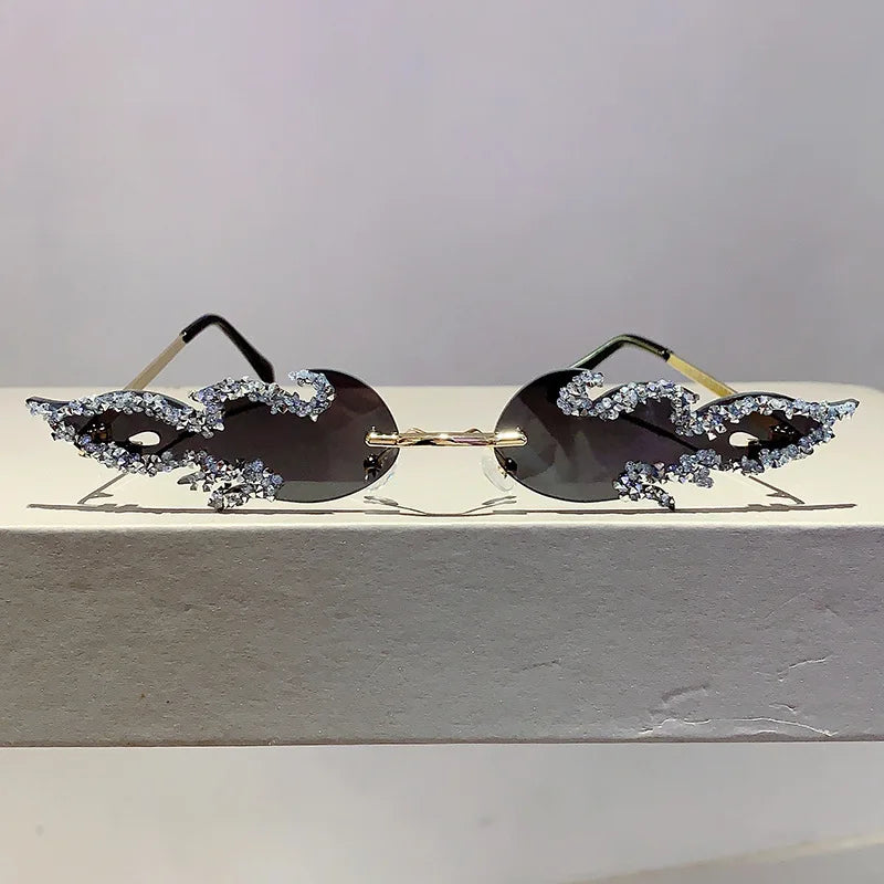Flame Shaped Sunglasses with Rhinestones Fashion Candy Color Rave Shades Sun Glasses for Men UV400 Rimless Crystal Metal Shades