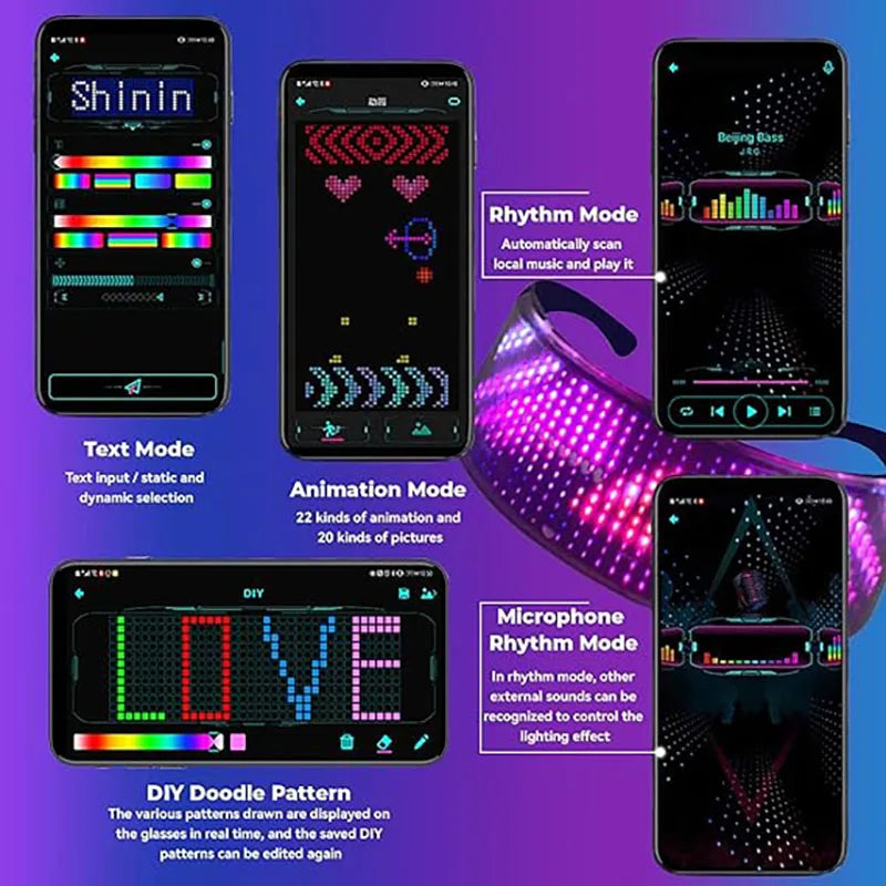 Full-Color LED Glasses App Control Programmable Dynamic Luminous Light Up Glasses For Raves Festivals Party