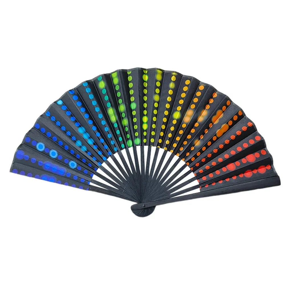 23cm Classic Folding Fan Print Black Bamboo Bone Fan Hand Fans Rainbow Cooling Handheld Fan Festival Performance Dance Fan Gifts