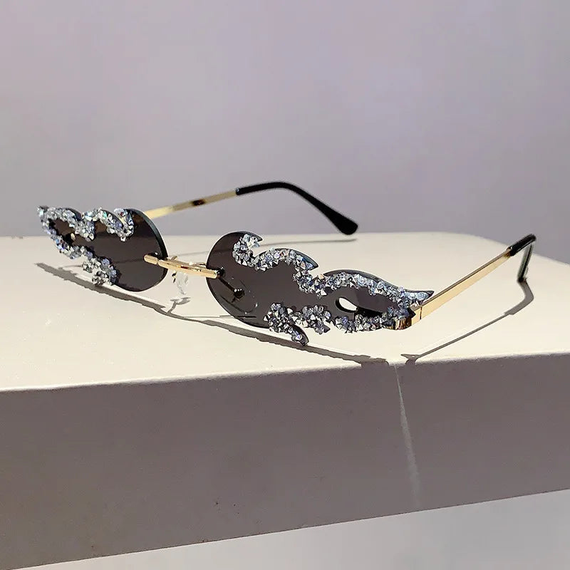 Flame Shaped Sunglasses with Rhinestones Fashion Candy Color Rave Shades Sun Glasses for Men UV400 Rimless Crystal Metal Shades