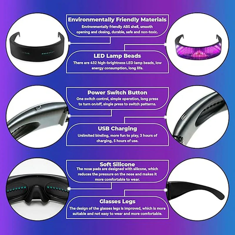 Full-Color LED Glasses App Control Programmable Dynamic Luminous Light Up Glasses For Raves Festivals Party