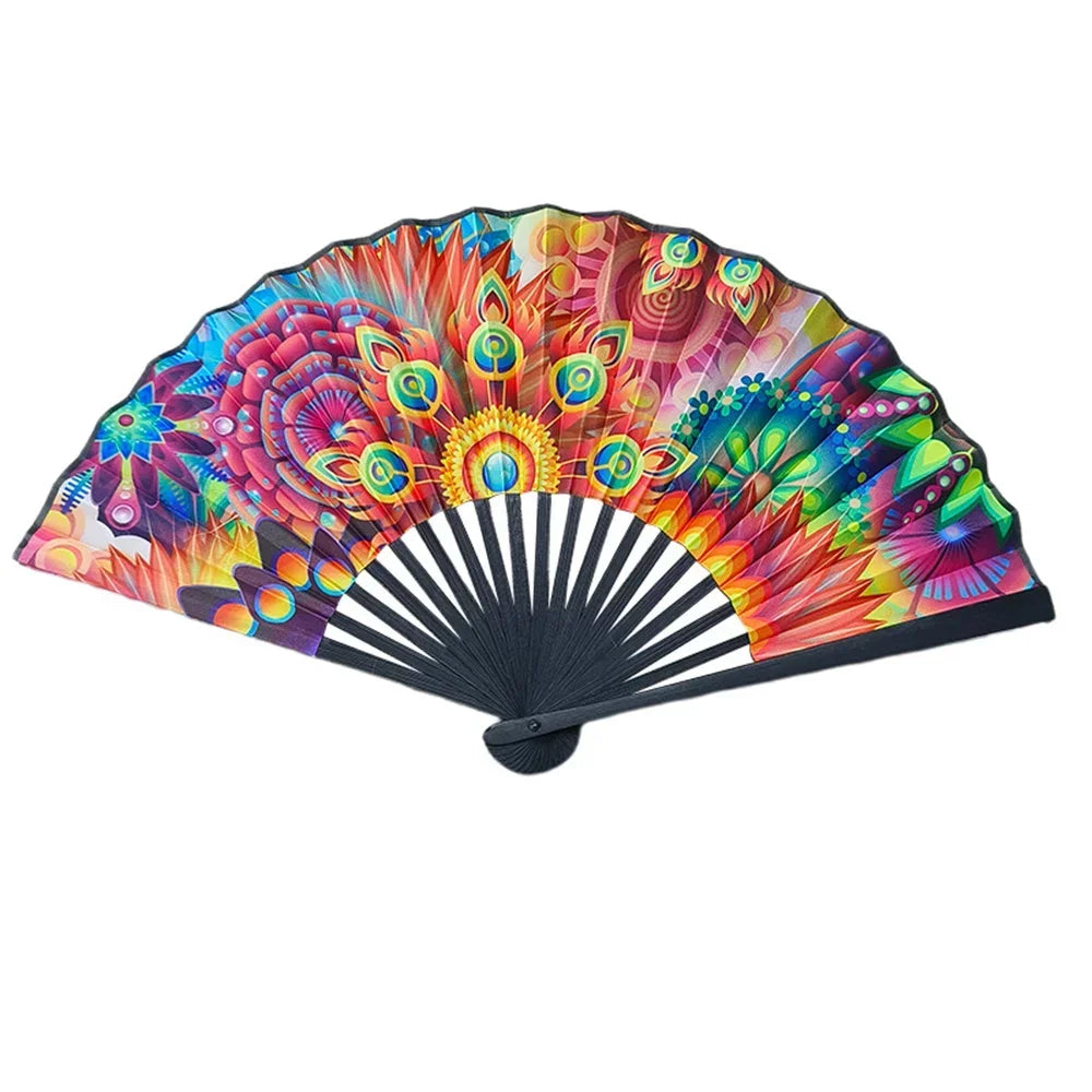 23cm Classic Folding Fan Print Black Bamboo Bone Fan Hand Fans Rainbow Cooling Handheld Fan Festival Performance Dance Fan Gifts