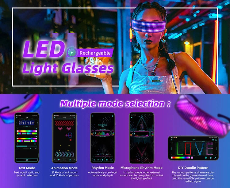 Full-Color LED Glasses App Control Programmable Dynamic Luminous Light Up Glasses