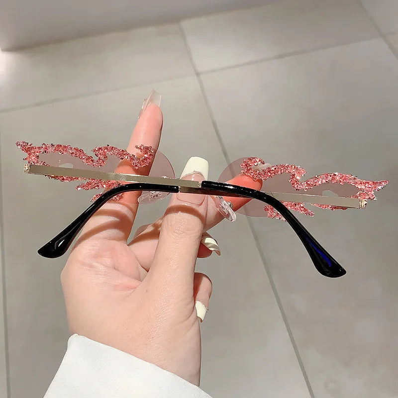 Flame Shaped Sunglasses with Rhinestones Fashion Candy Color Rave Shades Sun Glasses for Men UV400 Rimless Crystal Metal Shades