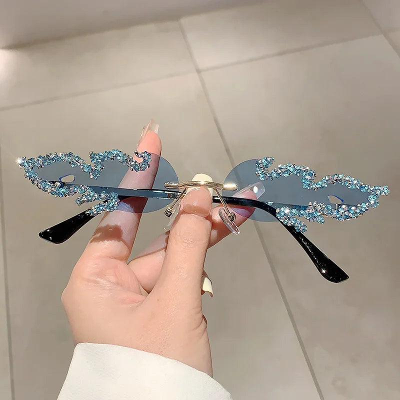 Flame Shaped Sunglasses with Rhinestones Fashion Candy Color Rave Shades Sun Glasses for Men UV400 Rimless Crystal Metal Shades
