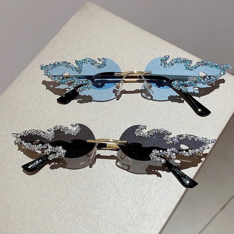 Flame Shaped Sunglasses with Rhinestones Fashion Candy Color Rave Shades Sun Glasses for Men UV400 Rimless Crystal Metal Shades