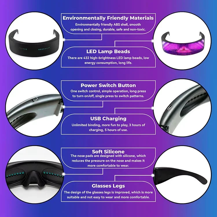 Full-Color LED Glasses App Control Programmable Dynamic Luminous Light Up Glasses